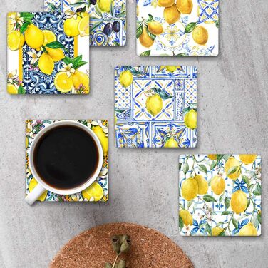 Coasters for drinks, 6 pieces, yellow lemon, fruit, blue ceramic tiles, pattern, absorbent, square, ceramic stone mat, with cork base and metal holder, housewarming gift