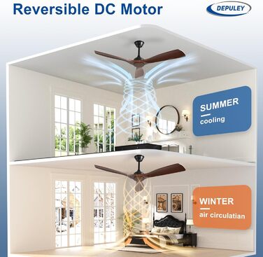 Стеляний вентилятор Depuley Leise з підсвічуванням для вулиці: LED лампа з вентилятором для саду, тераси - 132см, з керуванням через APP для вітальні, ресторану, офісу (Коричневий, 52'' без підсвічування)