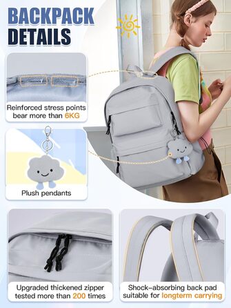 Жіночий рюкзак FIORETTO для дівчаток та хлопчиків, підходить для ноутбука 15.6 дюймів, з антикрадійним кишеням, ідеальний для школи, коледжу, подорожей, зелений (світло-сірий)