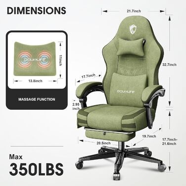 Ігровий крісло Douxlife з масажем, розширене пружинне сидіння, ергономічний офісний стілець для геймерів, стілець для роботи з підніжкою, 158 кг, темно-зелений