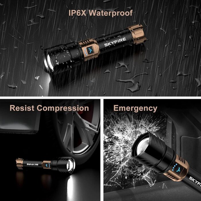 Ліхтар налобний LED Skyfire 900000 Люмен з лінзою для розпалювання вогню, USB-зарядка, 4 режими яскравості, Zoom, для кемпінгу, надзвичайних ситуацій та походів (чорне золото)