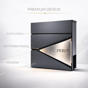 Поштовий ящик Verda з газетницею, нержавіюча сталь, антрацит, 2 ключі - дизайнерський настінний поштовий ящик з прихованим замком