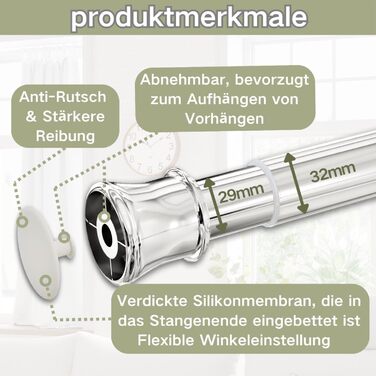 Штанга для карниза без свердління та шурупів, телескопічна, для душу та шафи, 85-230 см (діаметр 32 мм)