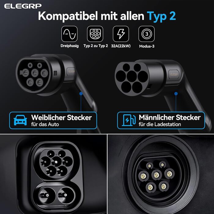 Кабель зарядки для електромобіля Typ 2 (22kW, 32A, 5м) 3-фазний, з сумкою, сумісний з Tesla, VW ID.3/4, e-Golf та іншими EV