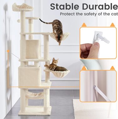 Кігтеточка Yaheetech XXL для котів, 175 см, для 3-4 котів, з платформами, гамаком, м'ячиком, бежева