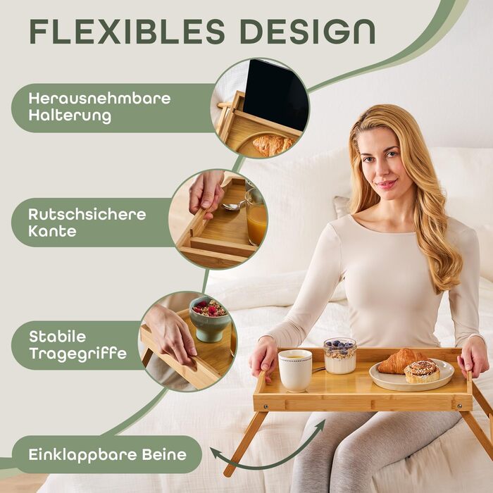Бамбуковий приліжкові столики Blumtal з ніжками для планшетів/телефонів - столики для сніданку в ліжко - складаний приліжкові столики 50 x 30 x 6 см - сервірувальне піднос з ніжками - стабільний приліжкові столики з натурального дерева