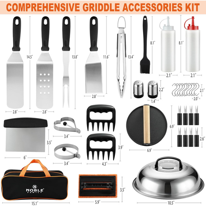 Набір інструментів для гриля Noble Family 38шт: шпатель, щипці, прес для бургерів, сумка. З нержавіючої сталі. Прекрасний подарунок для чоловіків.