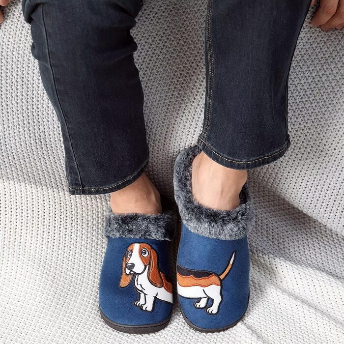 Тапочки домашні жіночі чоловічі з вишивкою у вигляді милого собаки, теплі, з плюшевою підкладкою, зимові, синього кольору (46/47 EU)