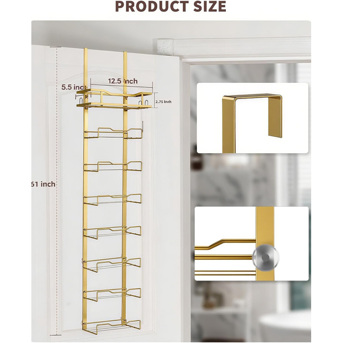 Настінний тримач для рушників у ванну кімнату, без свердління, 6-рівнева наддверна полиця для рушників, багаторівневий тримач для рушників на двері, для складених рушників (Золотий, 8 ярусів)