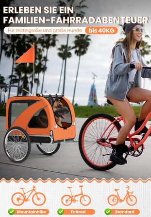SEPNINE® Велосипедна причепа для собак XL, 2-в-1: причеп та візок для собак з відбивачами та гальмом, матеріал: 600D Oxford Canvas, максимальне навантаження 40 кг, помаранчевий колір