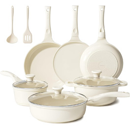 Набір посуду Redchef: 11-ти частинний набір каструль та сковорідок з керамічним покриттям, індукційний, PTFE-free, PFAS-free, для всіх типів плит, безпечний, миється в посудомийній машині (Бежевий)