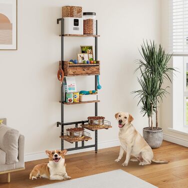 Підвищена годівниця для собак з місцем для зберігання та двома антиковзними килимками, для великих собак, регульована висота, настінний монтаж, колір вінтажний коричневий