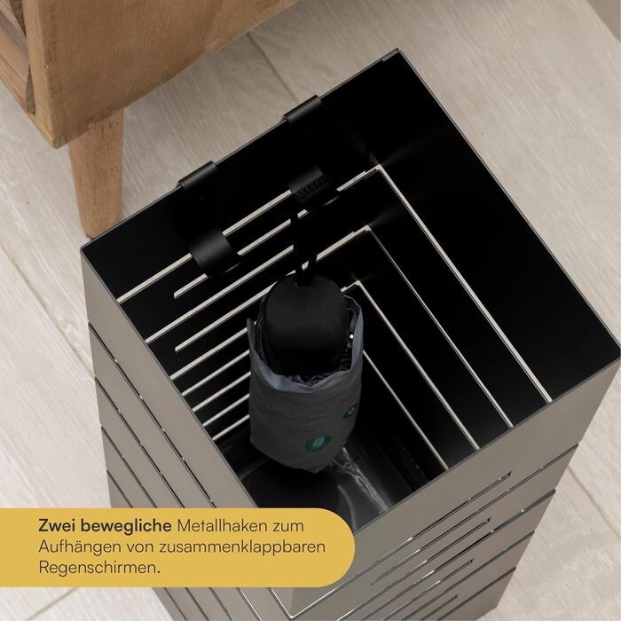 Підставка для парасольки Baroni Home з сучасним дизайном, метал, геометрія, з гачками та знімним піддоном, чорний, 15,5x15x49 см