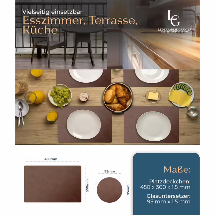 Washable Table Placemats - Set of 4 – Sustainable, Stable & Non-Slip – High-Quality Recycled Leather, Made in Germany (Dark Brown)
