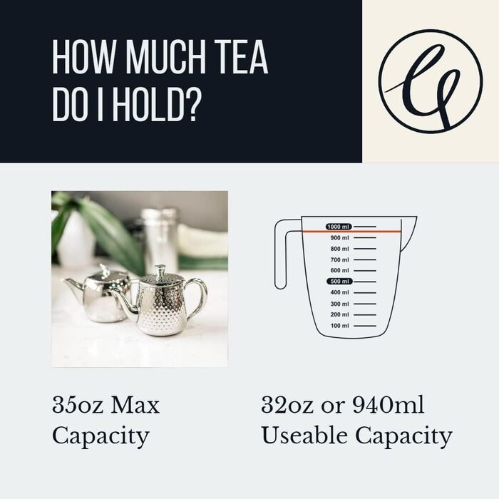 Café Olé Sandringham Teapot with Hammered Finish made from high-quality 18/10 stainless steel and surface – 0.5L, drip-free pouring, hollow handles (35oz, High-gloss polish)