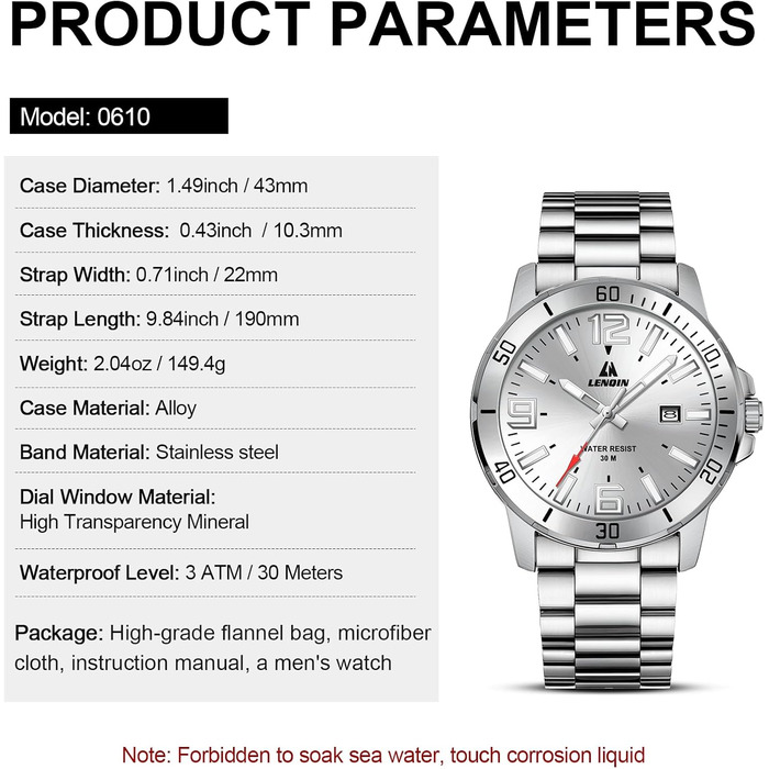 Годинник чоловічий LN LENQIN з нержавіючої сталі, водонепроникний, з датою, кварцовий, аналоговий, білий (сріблястий)