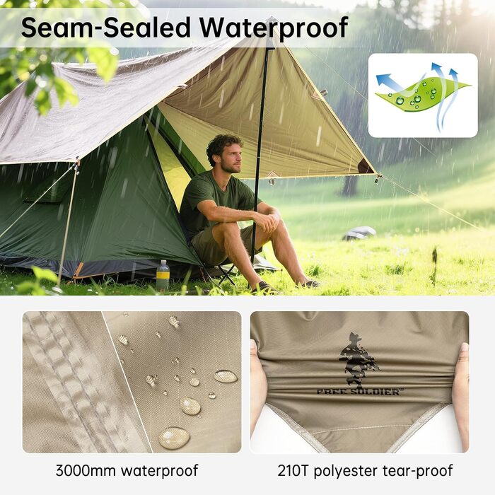 FREE SOLDIER 3x3.2m Waterproof Tarp - Ultralight Camping Shelter, UV Protection, Military Green & Beige - for Hiking, Outdoor Activities
