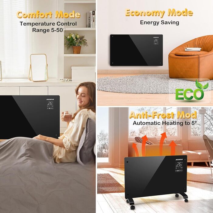 Електричний конвектор Aigostar з термостатом та Wi-Fi, 2000W, для приміщень до 30 м², чорний