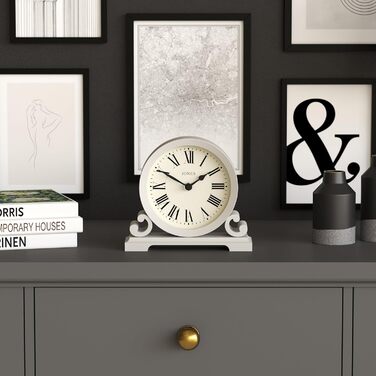 JONES CLOCKS® Saloon Table Clock | Traditional Double-Scroll Design | | Roman Numerals | Classic style for desk, table, shelf or bedside table. (Gray)