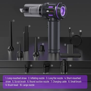 Акумуляторний портативний пилосос 18000 Па для авто та дому, USB-C, 6000mAh, чорно-фіолетовий