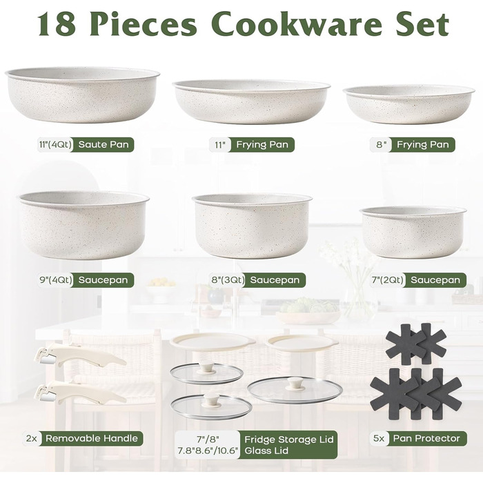 Набір посуду SODAY 17 предметів: каструлі та сковорідки з антипригарним покриттям, знімні ручки, для індукційних плит, сумісний з духовкою, сталевий колір