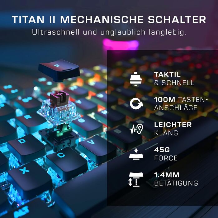 Turtle Beach Vulcan II – Механічна ігрова клавіатура для ПК, перемикачі Tactile Titan II, підсвічування клавіш, знімна підставка для зап'ястя, DE розкладка