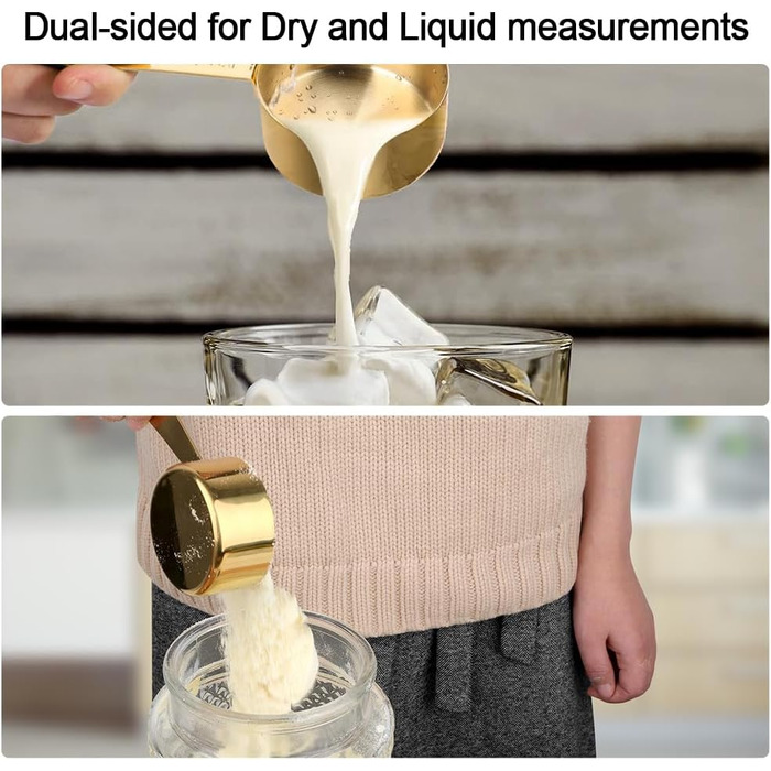 Набір мірних стаканів та ложок Cuteefun Gold, 13 предметів, нержавіюча сталь: мірний стакан 5 чашок, 8 магнітних ложок з рівнем для вимірювання сухих та рідких інгредієнтів для випічки та приготування їжі