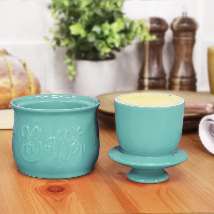 MAIA Buttertopf ceramic butter dish, 156 ml, with water and butter dispenser, holder for spreadable butter, French butter crock with lid, butter container for kitchen countertop, blue-green kitchen decoration