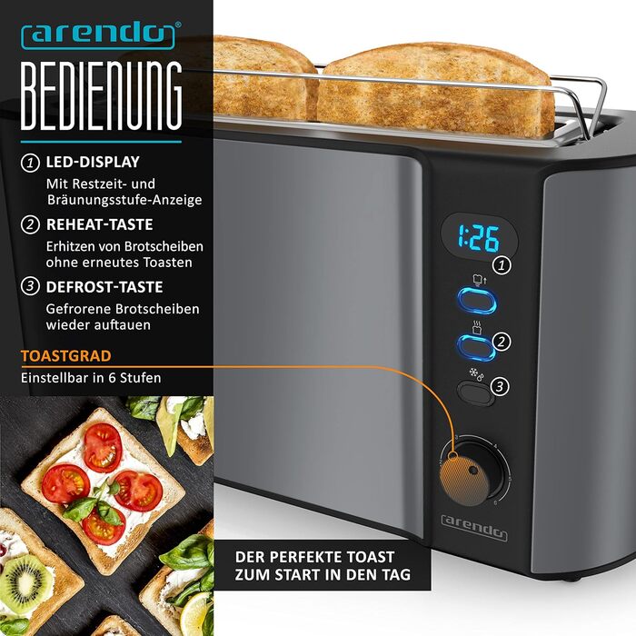 Arendo Kettle and Toaster SET Stainless Steel Cool Grey, Kettle 1.5L 40°-100°C Keep Warm Function, Toaster 2 Slice LED Display 6 Browning Levels, Bread Tray, A: Cool Grey