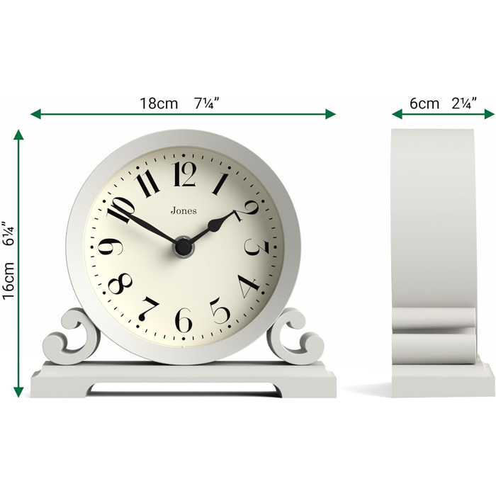 JONES CLOCKS® Saloon Table Clock | Traditional Double Scroll Design | Green | Contemporary Classic Style for Desk, Table, Shelf or Nightstand (Gray)