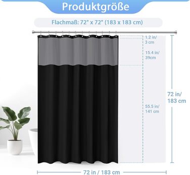 Штора для душу водонепроникна з льоном та віконцем, 183x183 см, чорна + 12 гачків з нержавіючої сталі