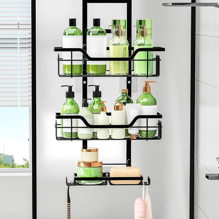Поличка для душу без свердління, чорна, настінна, для скляних дверей, з 3 кошиками для шампуню та гелю для душу, стильна модель A