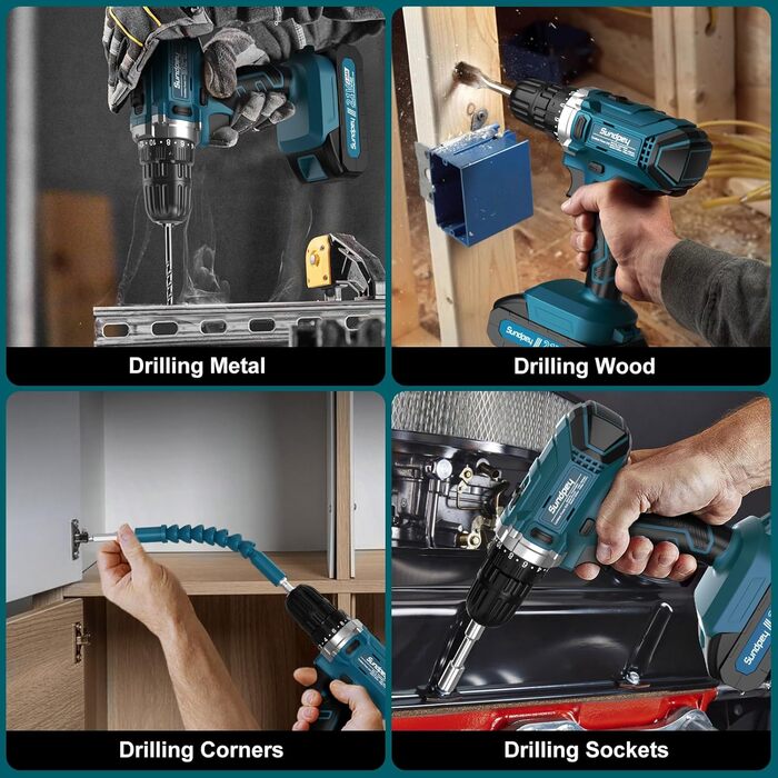 Набір інструментів Sundpey 255 шт. з акумуляторною дриль-шуруповертом 21V, акумуляторний набір з 2 * 2000mAh акумуляторами, ящиковий інструмент з шухлядою для ремонту дому та автомобіля, блакитний