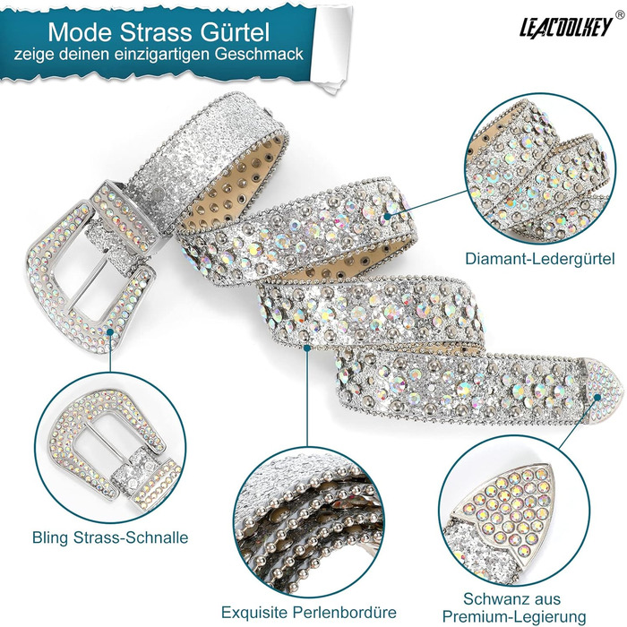 Жіночий ремінь LEACOOLKEY в стилі вестерн, з шипами та пряжкою, PU шкіра, сріблястий (L)