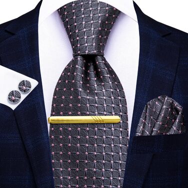 Чоловіча краватка Hi-Tie шовкова, сіро-рожева картата, формальна, з кишеньковою хустинкою та затискачем для краватки, набір для весілля та бізнесу