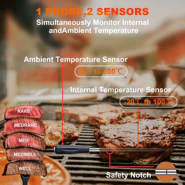 Бездротовий термометр для м'яса, цифровий кухонний термометр з бездротовим зондом, дальність 152 м, термометр для їжі, сумісність з iOS & Android, попередньо запрограмовані температури для гриля, духовки