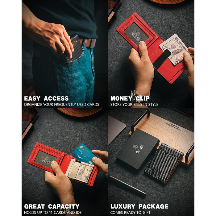 Чоловічий гаманець Zitahli Sport-Fan: 10-12 карт, RFID-захист, шкіряний, тонкий, з відділенням для ID, мінімалістичний, подарунок для чоловіків (чорний та червоний)