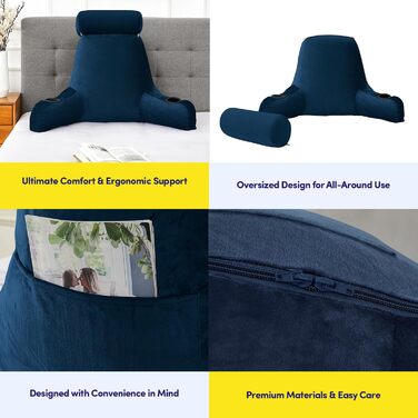 Велике крісло-мішок для читання з підсвічуванням, комфортне та зручне, з підстаканниками, кишенями для зберігання, знімною подушкою для шиї та знімним чохлом, ідеальне для відпочинку, роботи, велике, темно-синій