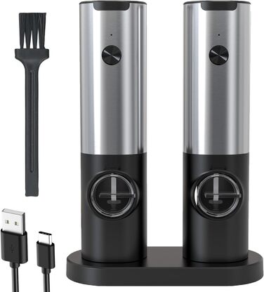 IraXpro Електричні соляні та перечні млини 2 шт. з акумуляторною основою, LED-підсвічуванням, щіткою, керамічним жорном, регулюванням помелу, для приготування BBQ, кухні, ресторану (срібний)