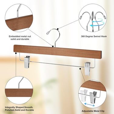 Набір дерев'яних вішалок для штанів та спідниць Quality Hangers, чорні, з регульованими затискачами та поворотним гачком (120 шт.)