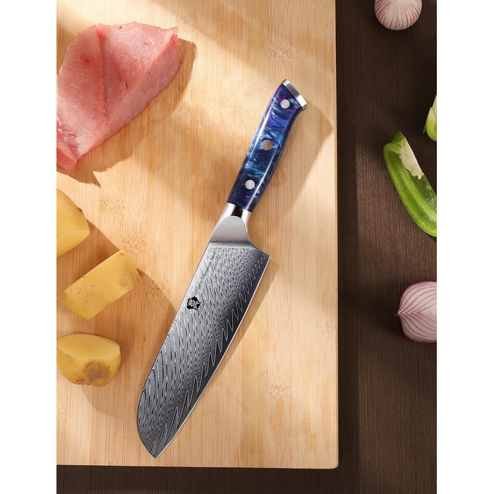 Японський кухонний ніж Santoku WILDMOK 17 см, сталь VG10 Дамаск, синій ергономічний руків'я для кухні