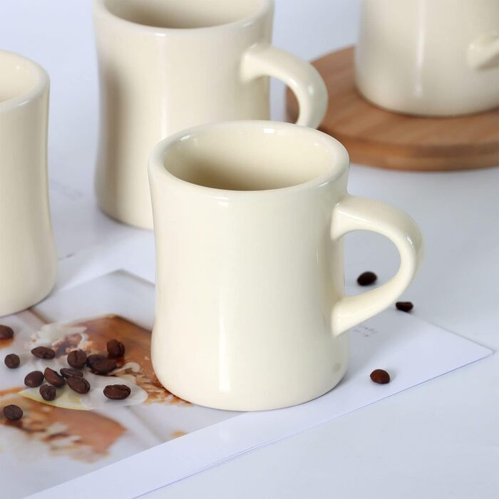 Retro coffee cup set with handle, for coffee, tea, hot chocolate, milk, latte (crema), 284 ml, set of 4