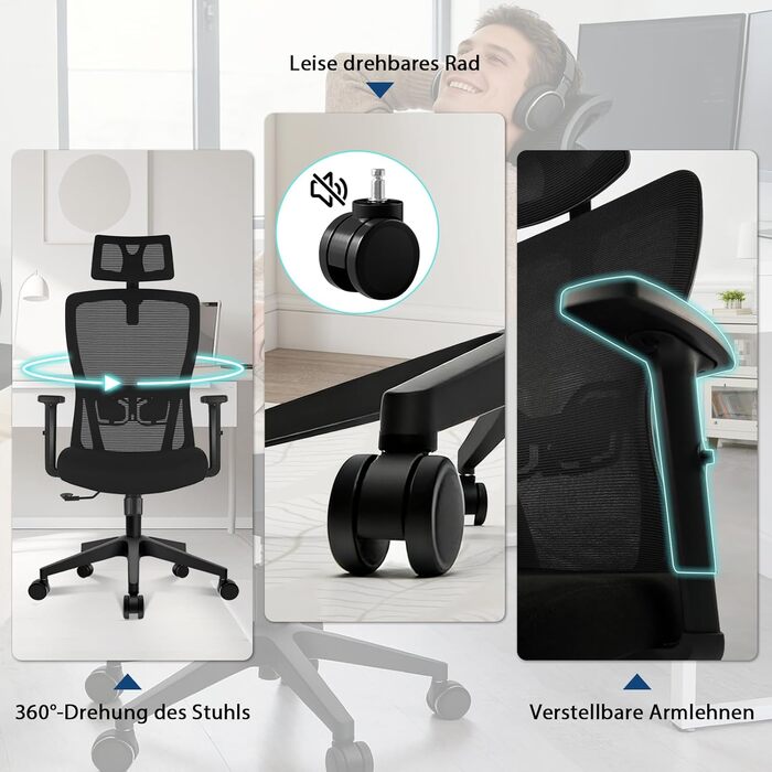 Ергономічне офісне крісло з регульованою спинкою та підголівником, до 150 кг, чорне X-Large