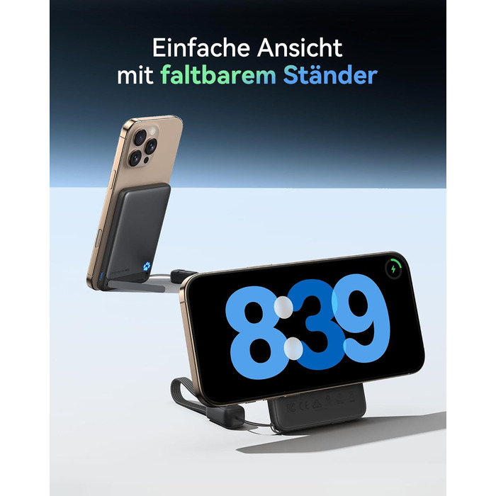 Power Bank INIU Magsafe 20W 5000mAh з магнітним кріпленням, Qi2, USB-C, з кабелем та підставкою, чорний