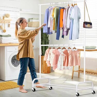 MISSLO Heavy-Duty Clothes Rack Double, Metal Clothes Rail on Wheels Stable Mobile Coat Rack for Coats, Shirts (White)
