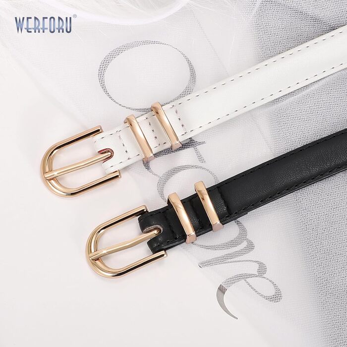 Жіночий тонкий шкіряний ремінь WERFORU (2 шт.) для джинсів та штанів. Ремінь з золотистою пряжкою, довжина 110 см, підходить для талії 80-92 см (чорний+білий)