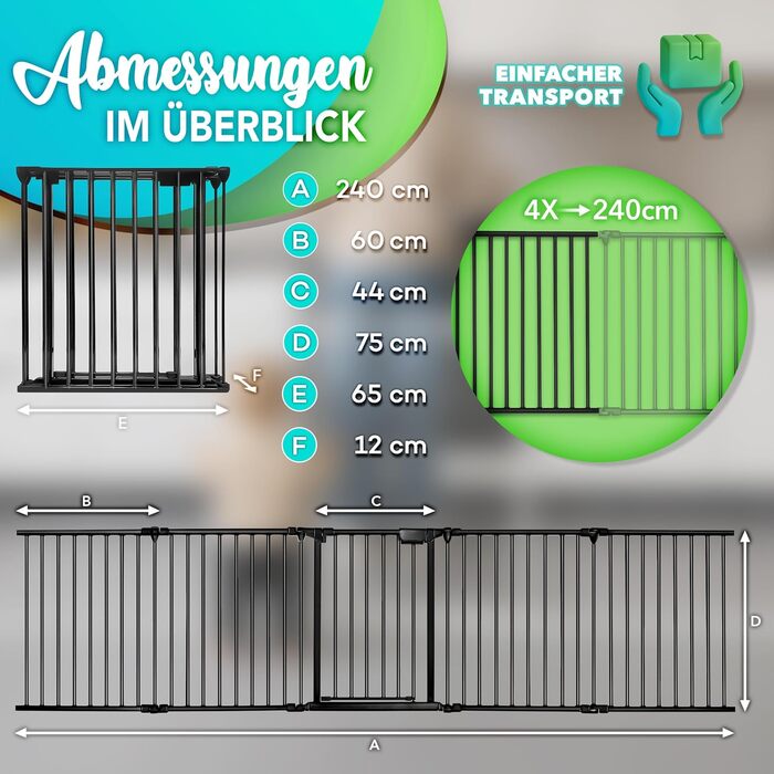 Захисний сіткограт для каміну KIDUKU® з дверцятами | Металевий сіткограт для каміну, розкладний | Сіткограт для конфігурації, 10 елементів (240 см, чорний)