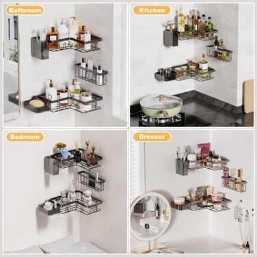 YEAUPE PRO Поличка для душу без свердління в кут – 5-елементний набір для ванної кімнати з 2 кутовими полицями, мильницею, тримачем для зубних щіток та кошиком, самоклеюча поличка на стіну, чорний кутовий кріплення