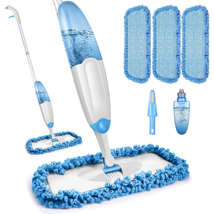Швабра з розпилювачем, швабра для підлоги з розпилювачем, набір швабр з 3 змінними мікрофібрами, біла швабра з баком для води (435мл)