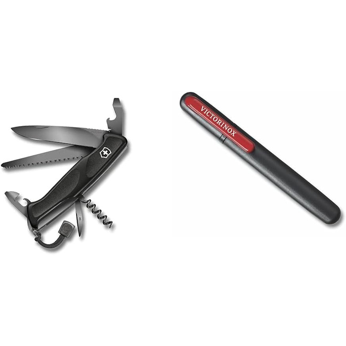 Victorinox Swiss Army Knife Ranger Grip 55 Onyx Black (12 Functions, Locking Blade, Wood Saw), black, 130mm Bundle with Knife Sharpener